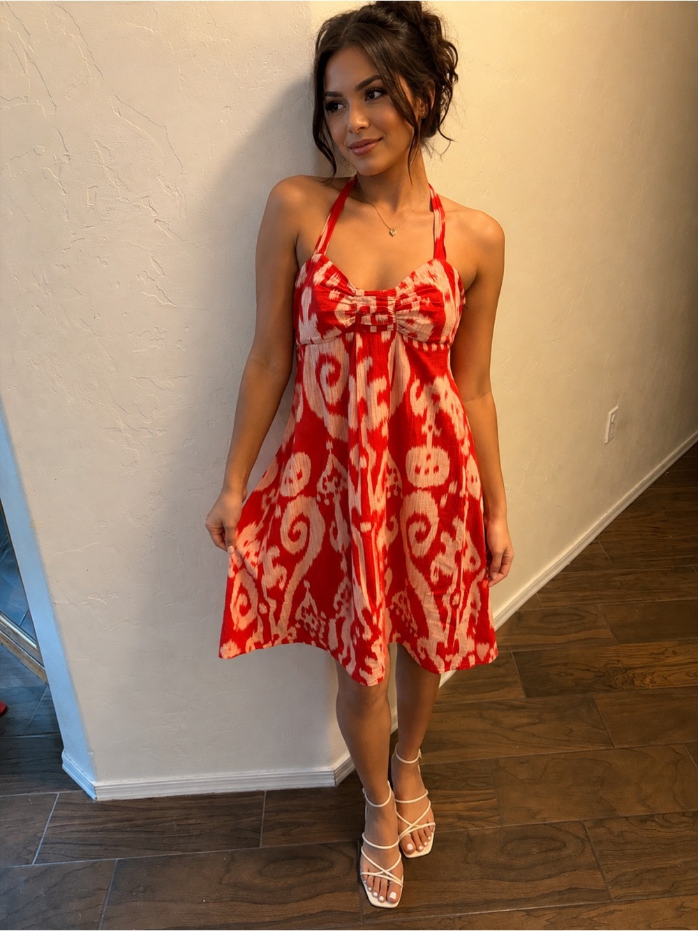 Mauve Red and White Halter Mini Dress